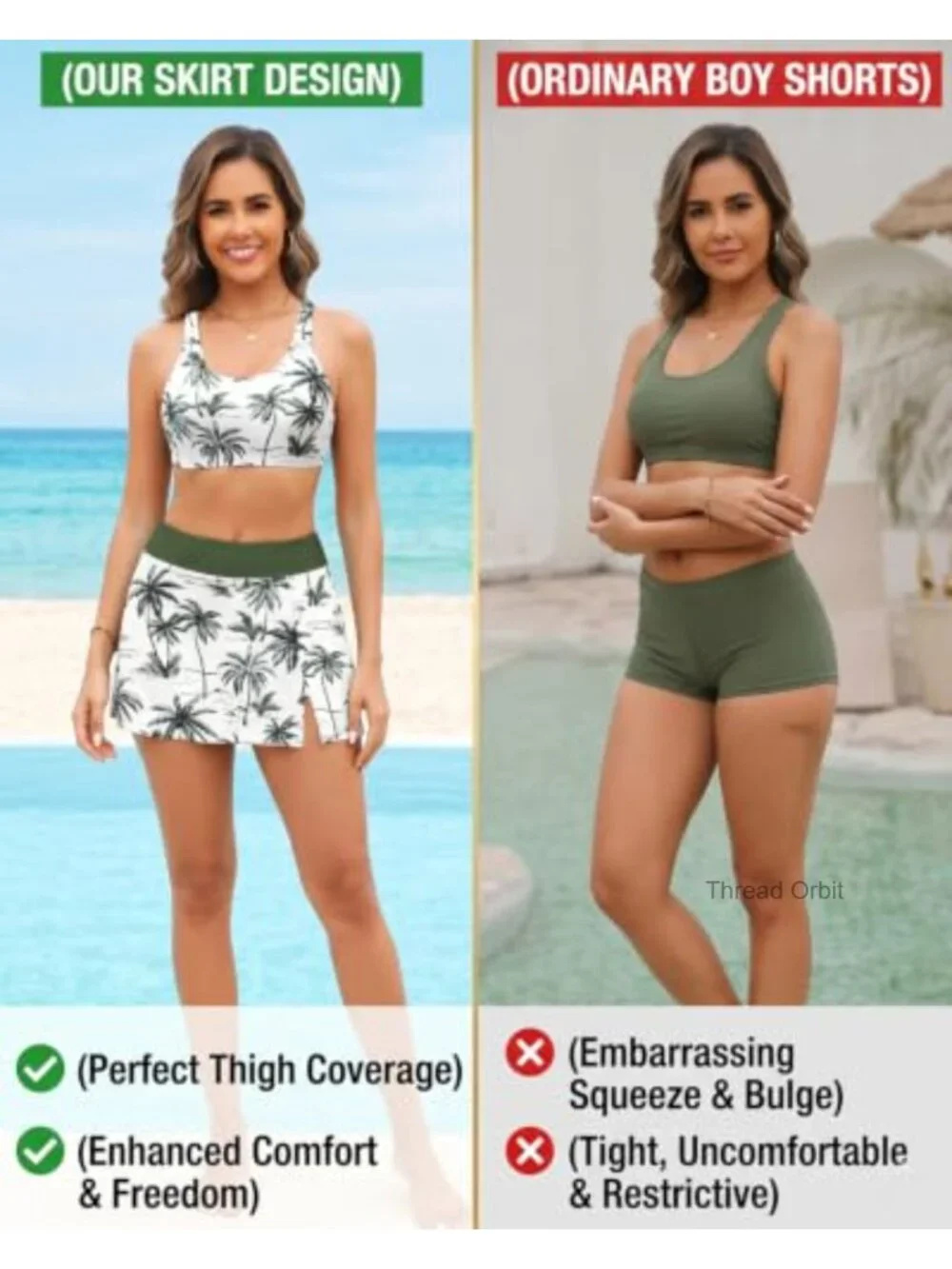 Daci Womens 3 Piece Tankini Set with Skirt Tummy Control Swimsuits - Removable